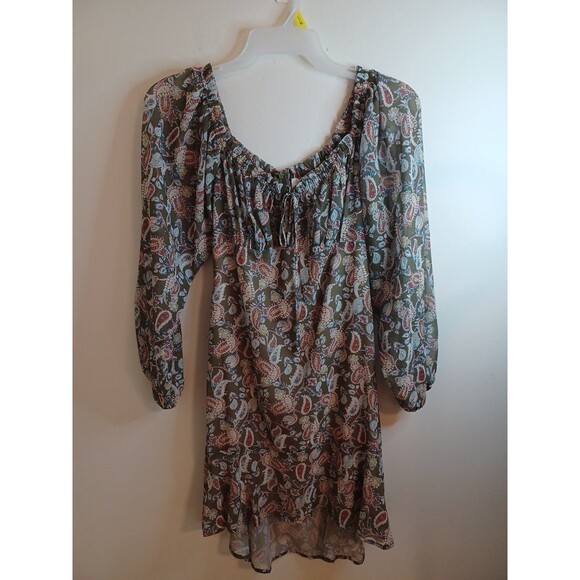 Lucca Floral Paisley Mini Dress M Green Balloon Sleeve Sheer Lined Boho Peasant - Picture 3 of 9